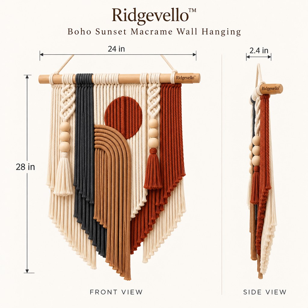 Ridgevello Boho Sunset Macrame Wall Hanging — size and side view