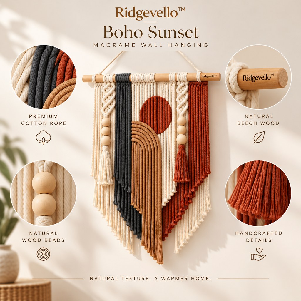 Ridgevello Boho Sunset Macrame Wall Hanging — material close-up