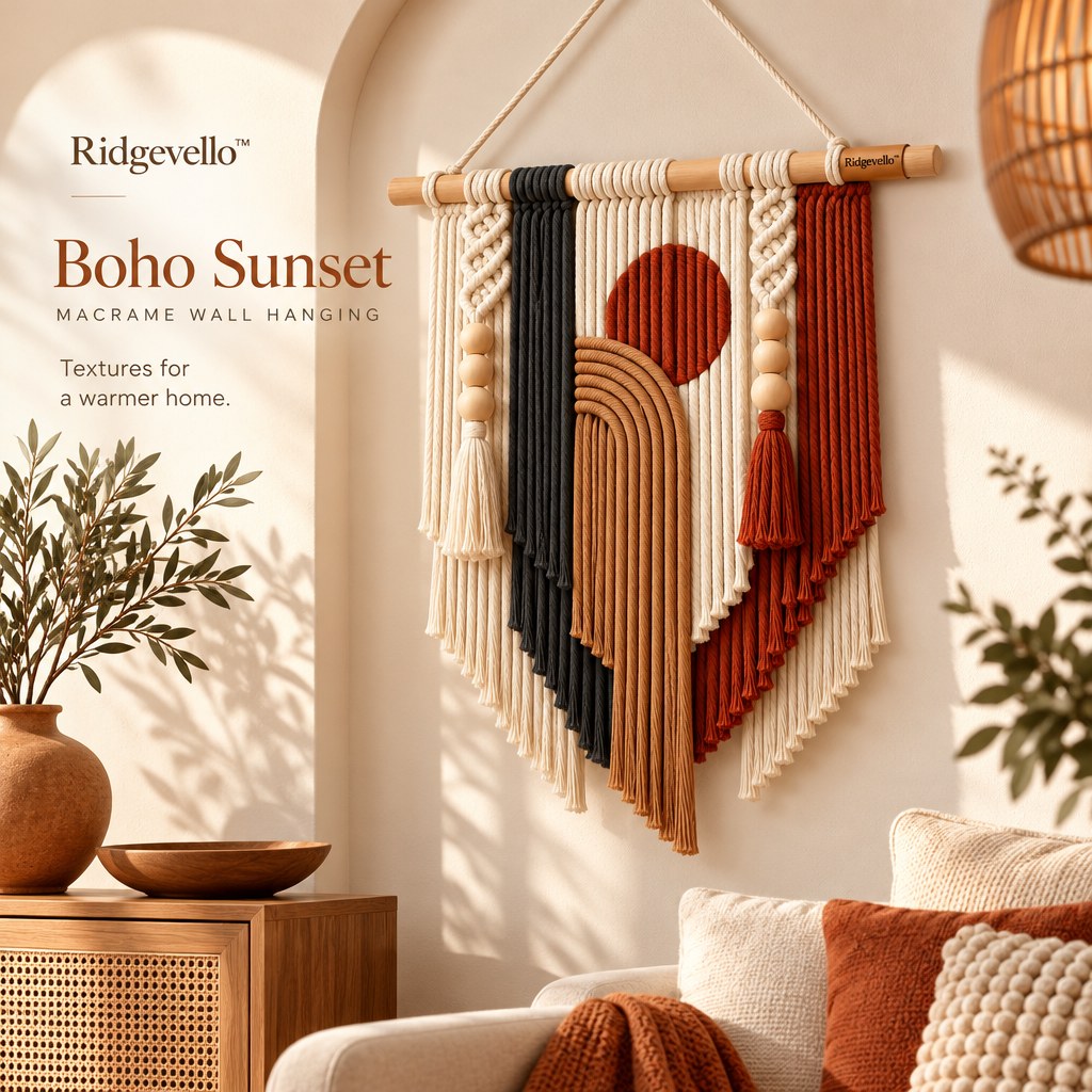 Ridgevello Boho Sunset Macrame Wall Hanging — interior display