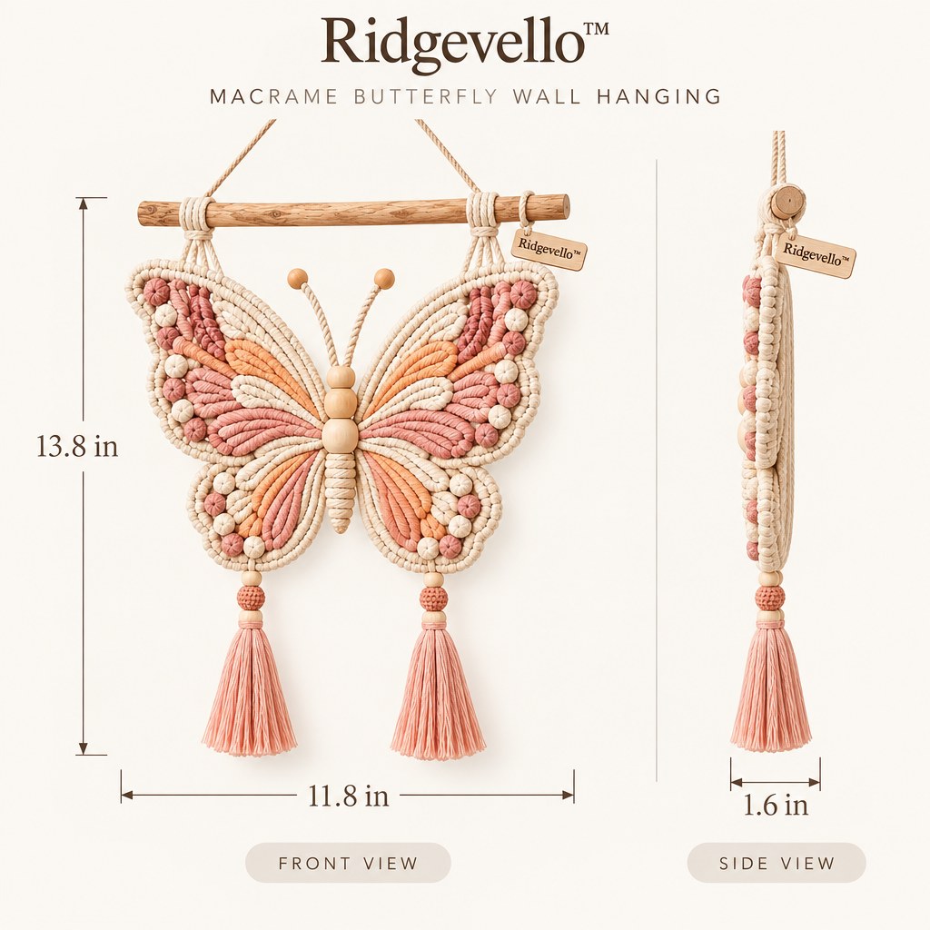 Ridgevello Macrame Butterfly Wall Hanging — size and side view