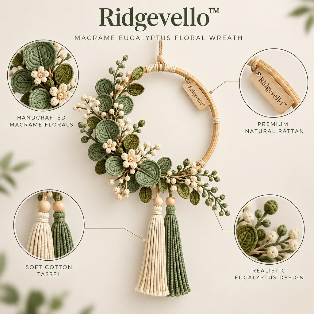 Macrame Eucalyptus Floral Wreath - close-up
