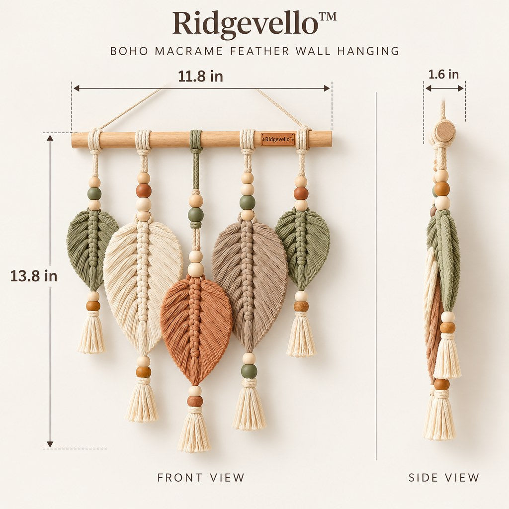 Boho Macrame Feather Wall Hanging - dimensions