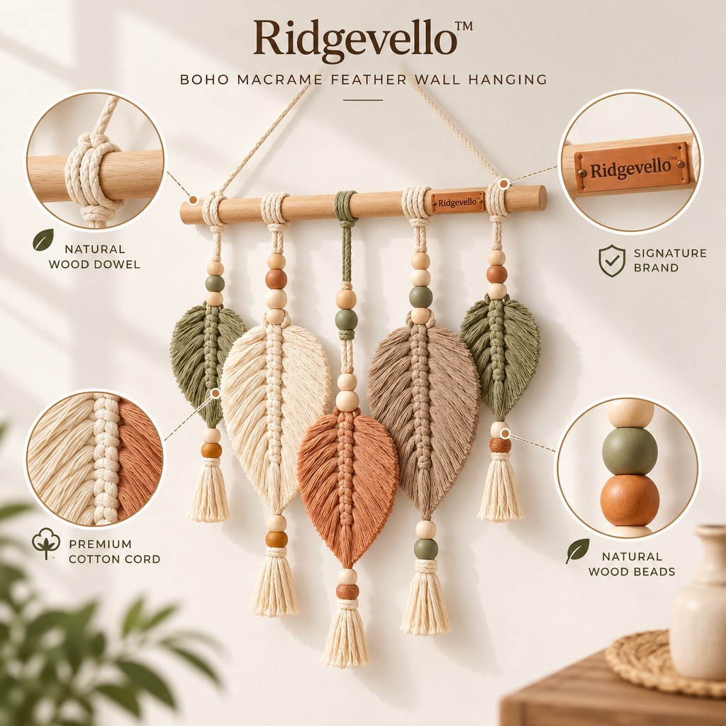 Boho Macrame Feather Wall Hanging - close-up