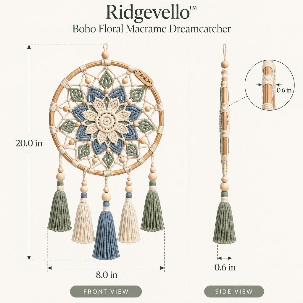 Ridgevello Boho Floral Macrame Dreamcatcher — size and side view