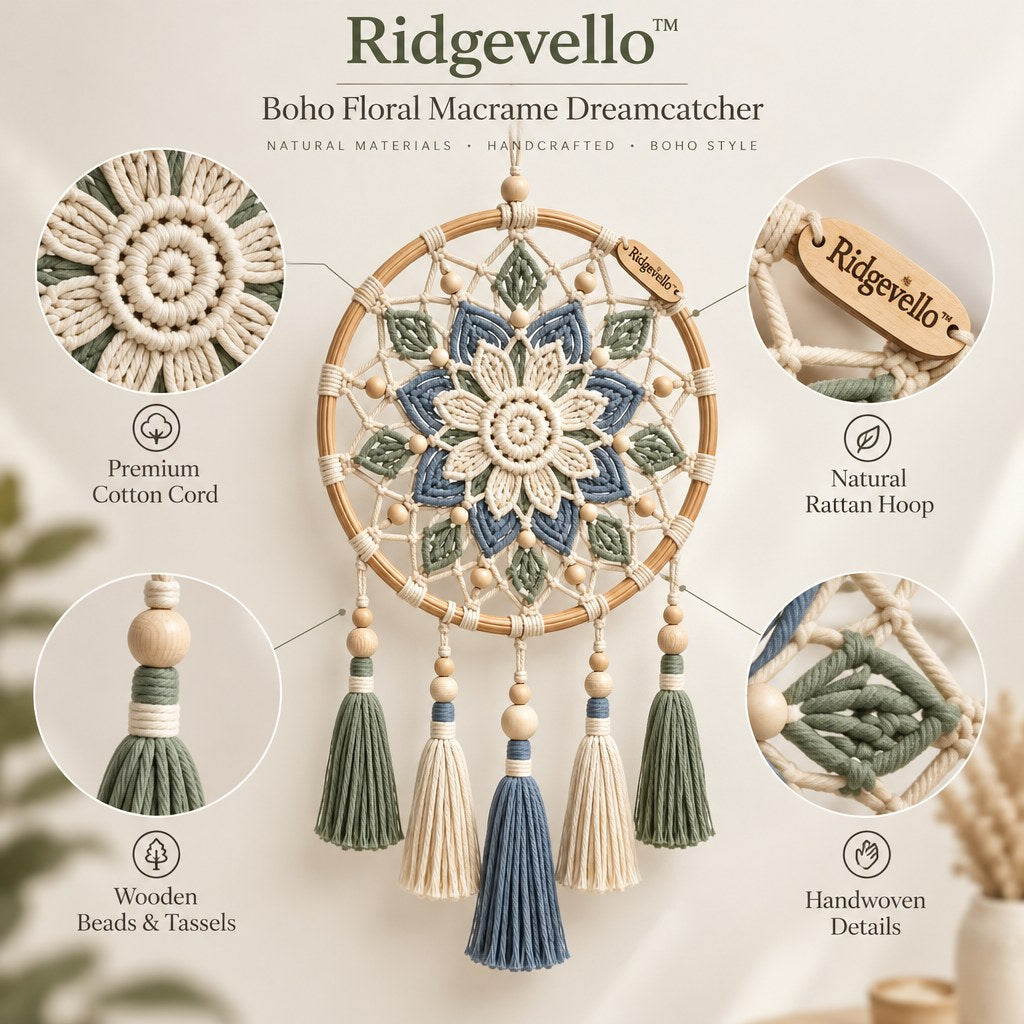 Ridgevello Boho Floral Macrame Dreamcatcher — material close-up