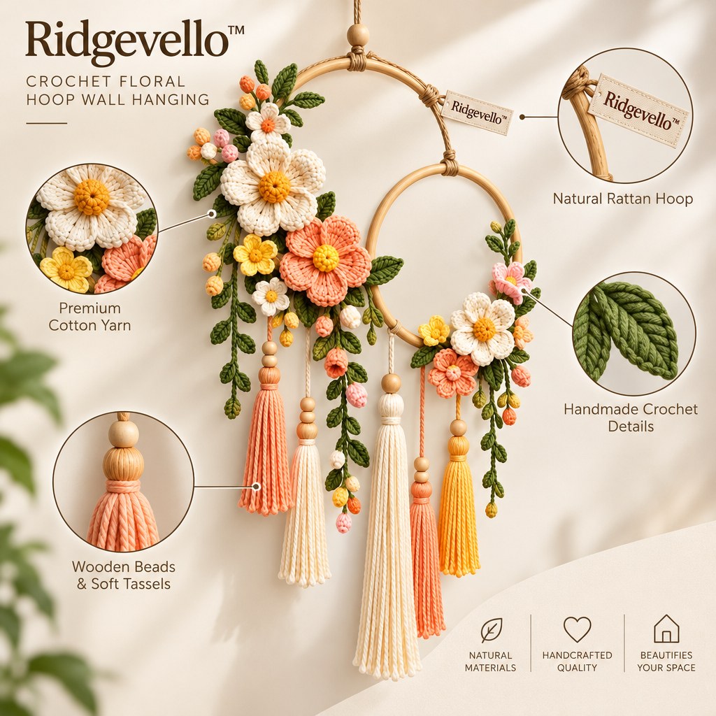 Crochet Floral Hoop Wall Hanging - close-up
