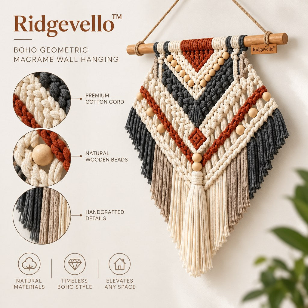 Boho Geometric Macrame Wall Hanging - close-up