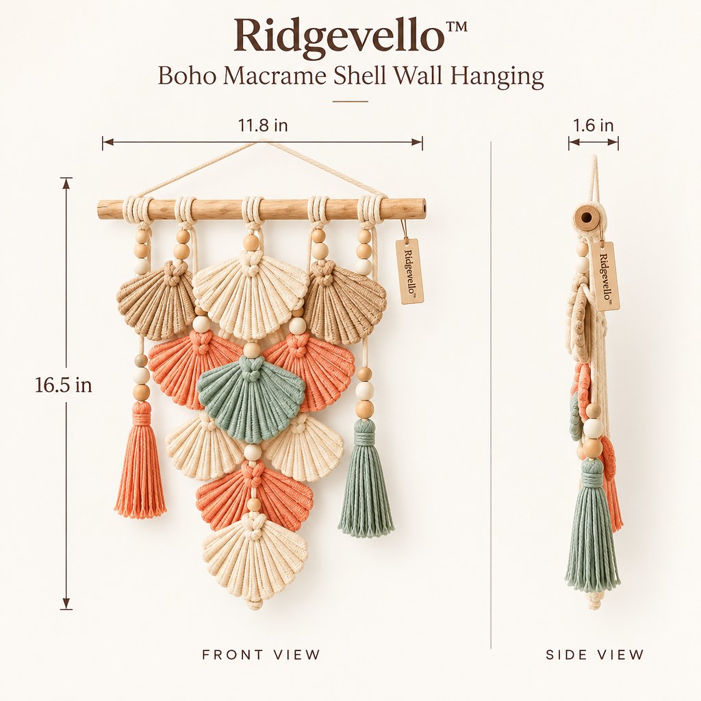 Ridgevello Boho Macrame Shell Wall Hanging — size and side view