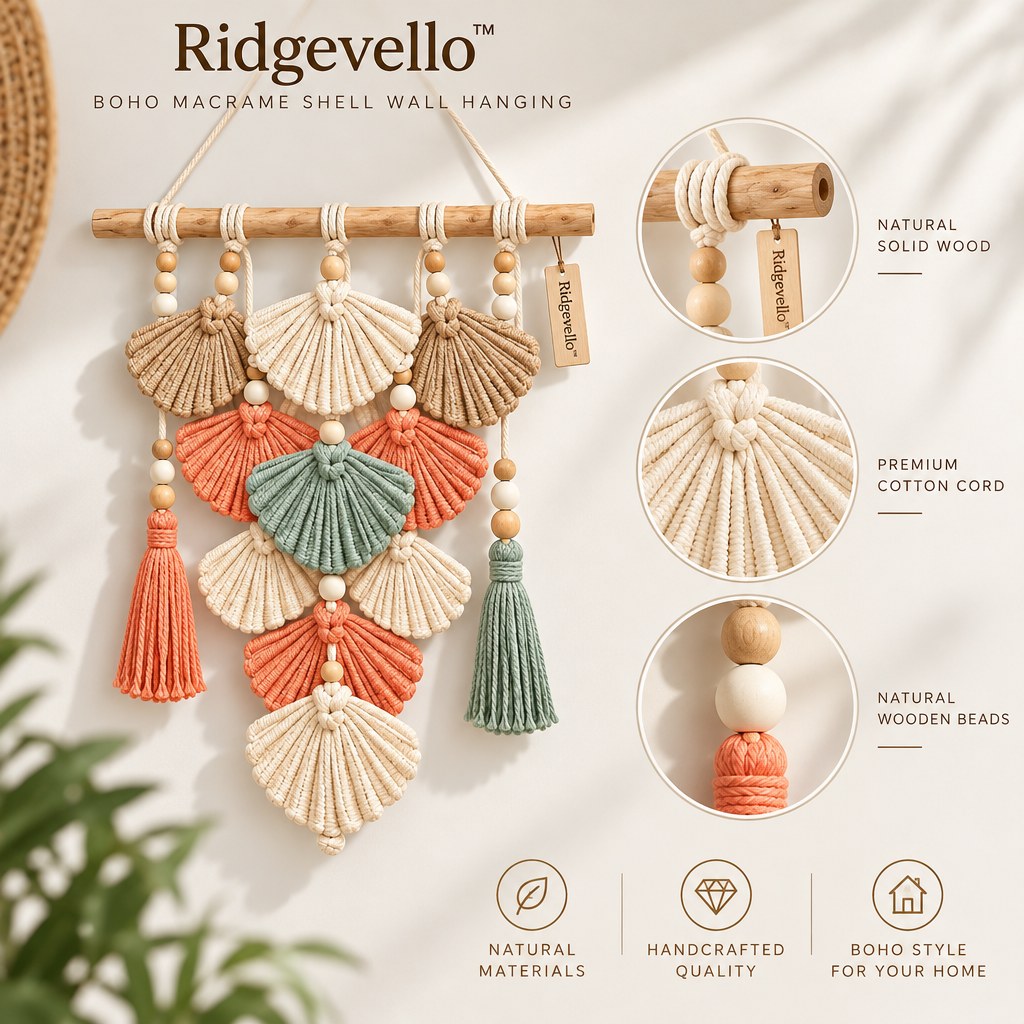 Ridgevello Boho Macrame Shell Wall Hanging — material close-up