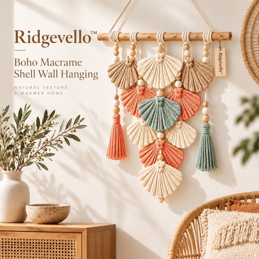 Ridgevello Boho Macrame Shell Wall Hanging — interior display