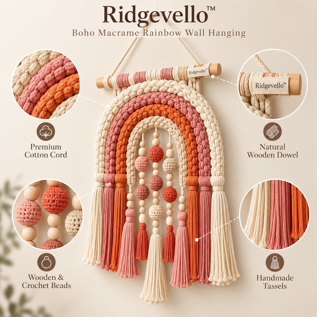 Boho Macrame Rainbow Wall Hanging - close-up