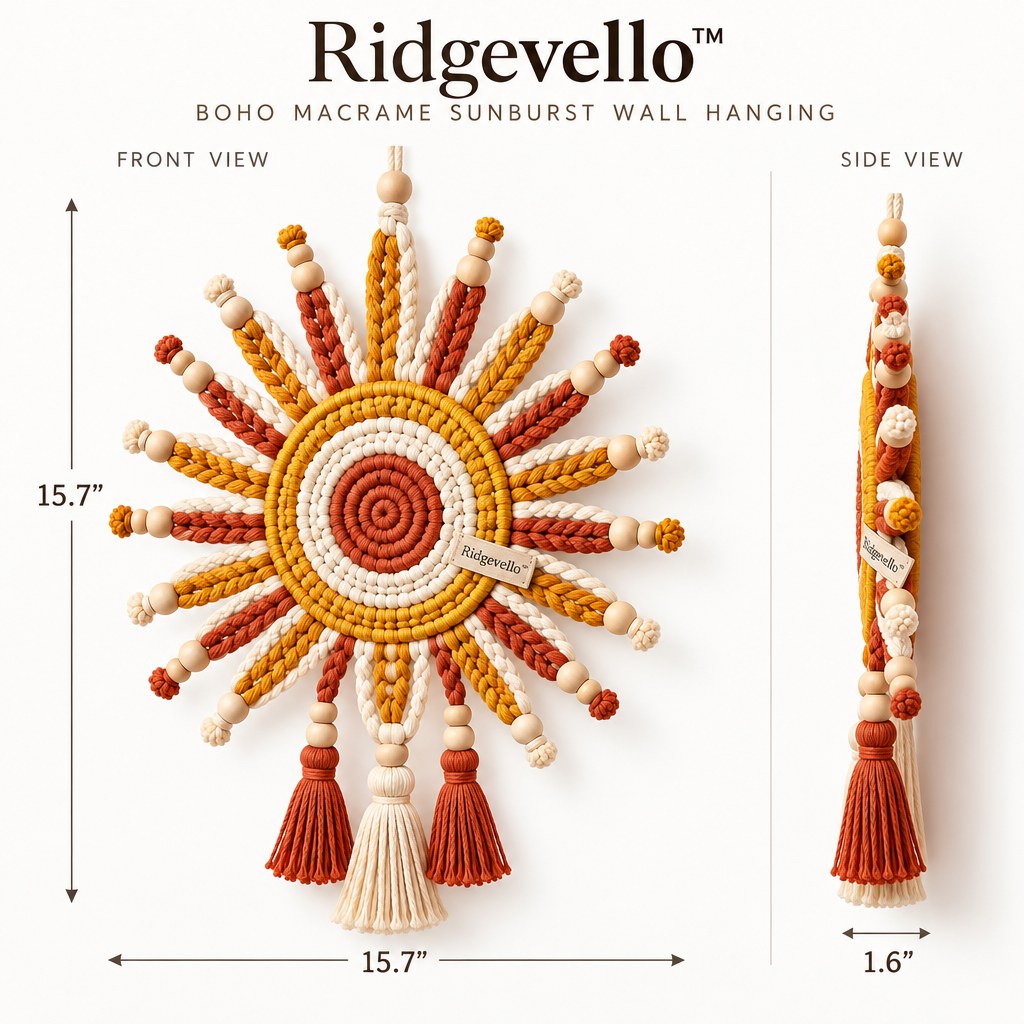 Boho Macrame Sunburst Wall Hanging - dimensions
