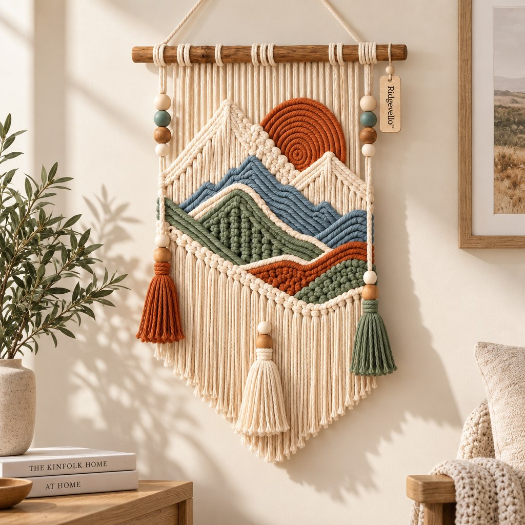 Ridgevello Sunset Mountain macrame wall hanging - lifestyle hero
