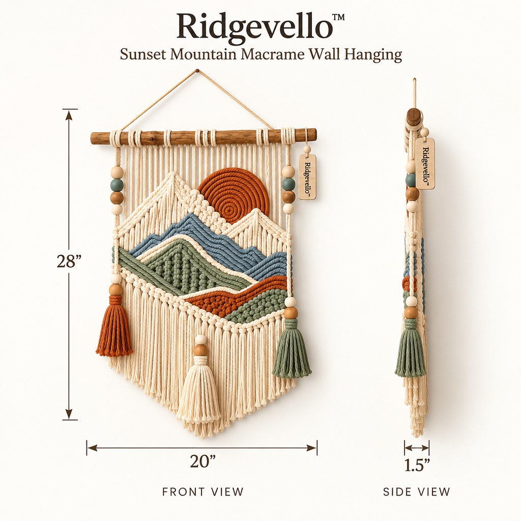 Ridgevello Sunset Mountain macrame wall hanging - measurement and dimensions