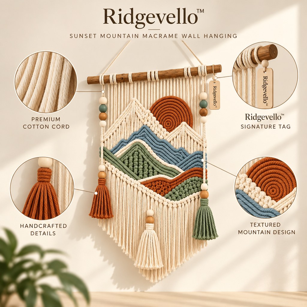 Ridgevello Sunset Mountain macrame wall hanging - material close-up