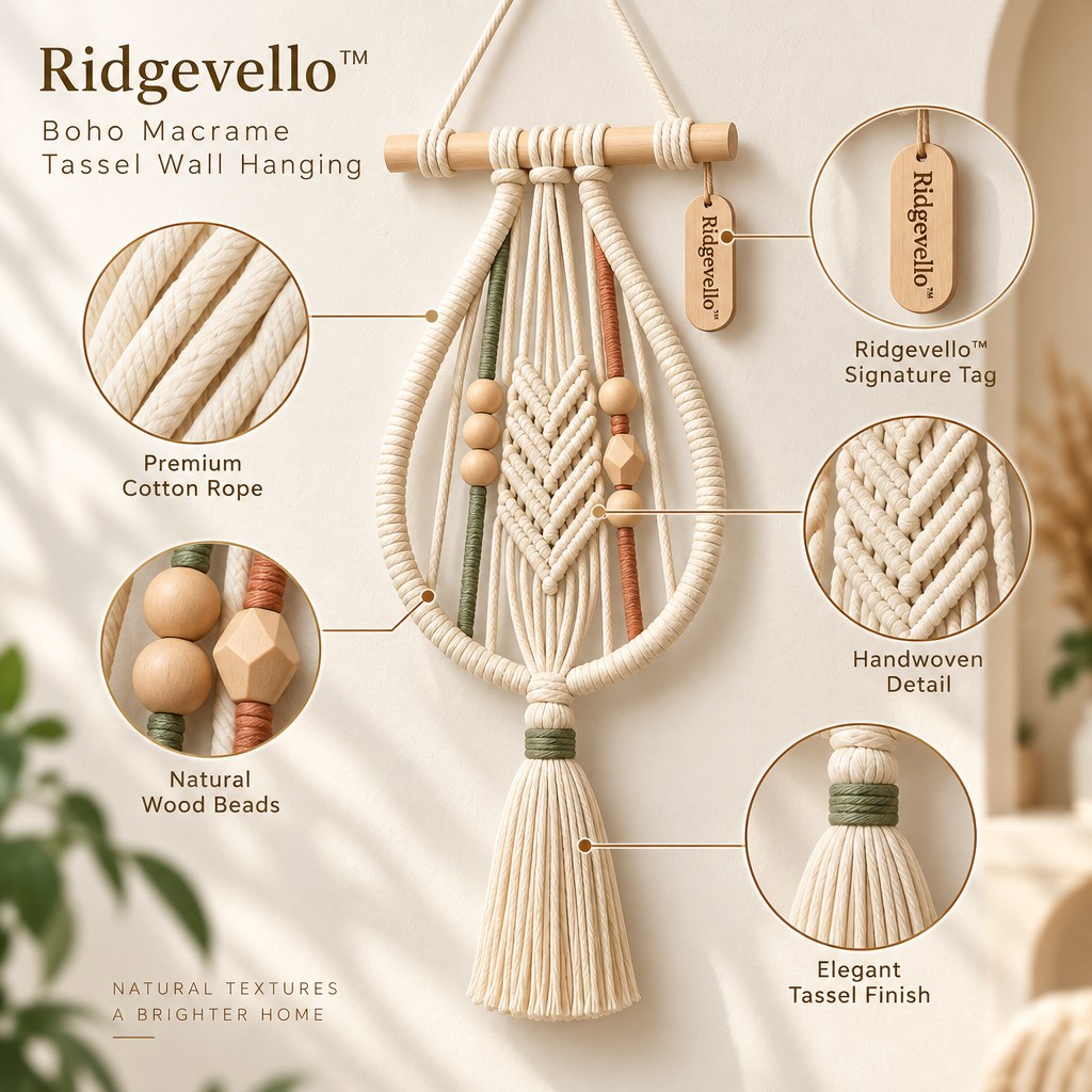 Boho Macrame Tassel Wall Hanging - close-up